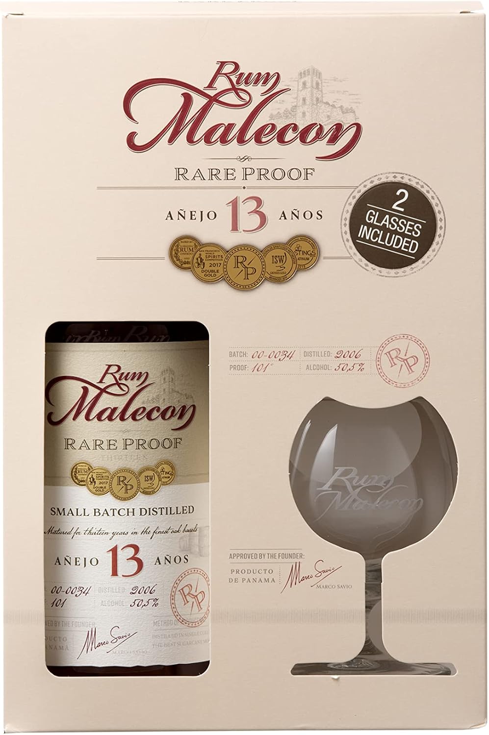 Rum Malecon Rare Proof 2006 13 Años Limited Edition Balloon Glasses Panama
