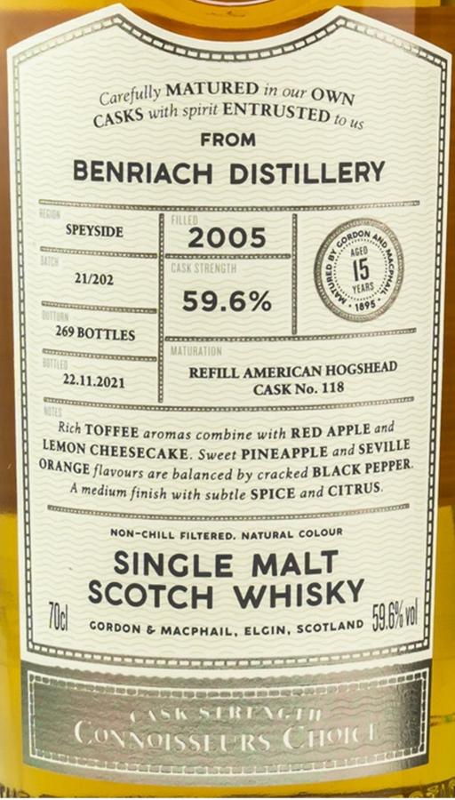 Benriach 2005 15 Y.O. Scotch Whisky Single Malt Gordon & MacPhail Connoisseurs Choice