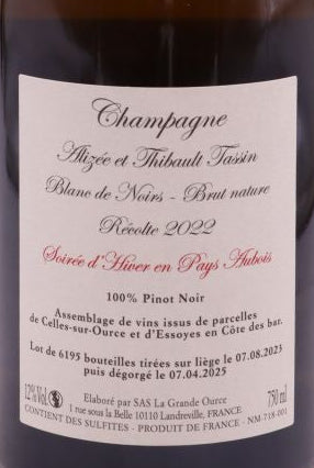 Alizée et Thibault Tassin Soirée d'Hiver en Pays Aubois Blanc de Noirs Brut Nature R22 Champagne Francia