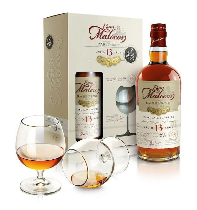 Rum Malecon Rare Proof 2006 13 Años Limited Edition Balloon Glasses Panama