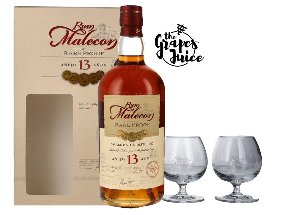 RUM MALECON RARE PROOF 2009 13 ANOS LIMITED EDITION BALLOON GLASSES PANAMA